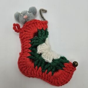 VINTAGE Handmade Pom-Pom Mouse in Crochet Christmas Stocking Ornament